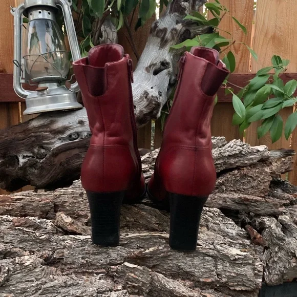 Vintage Markon Oxblood Red Leather Square Toe Stack Heel Pinup Retro Ankle Boots - Picture 5 of 9
